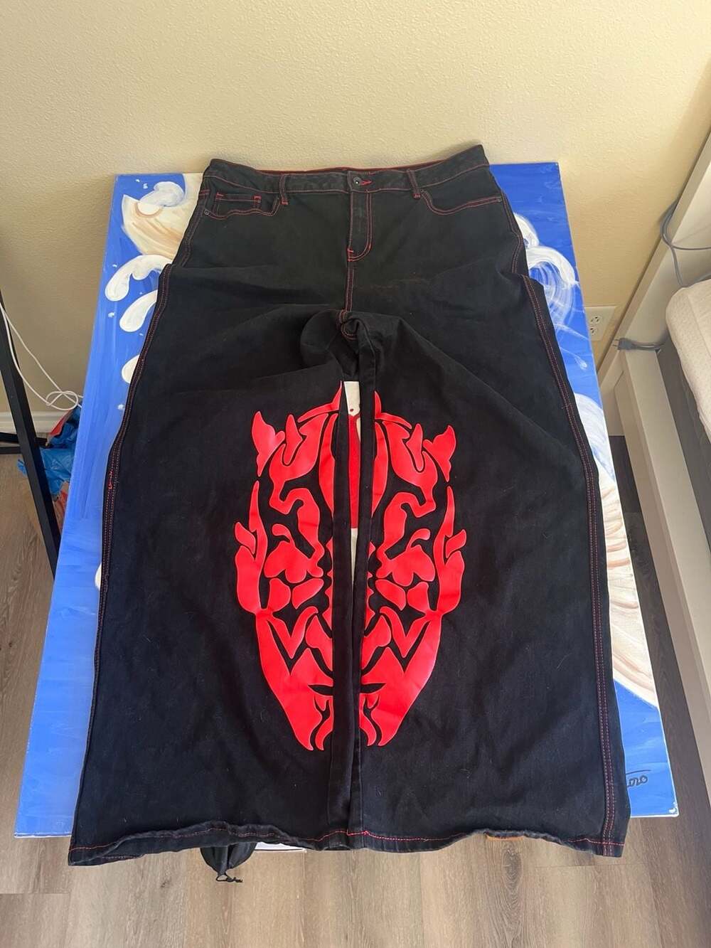 Star Wars Darth Maul Wide Leg Denim Jeans with Red Stitching and Graphic Print